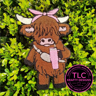XL Highland Cow Valentine Patch – Chenille Iron-On / Sew-On Applique CK