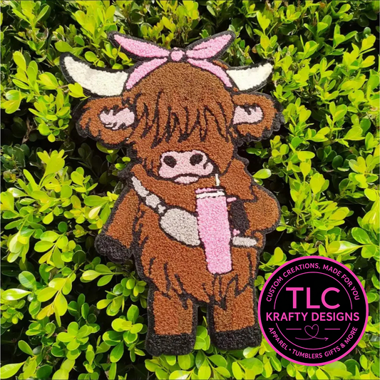 PREORDER XL Highland Cow Valentine Patch – Chenille Iron-On / Sew-On Applique CK