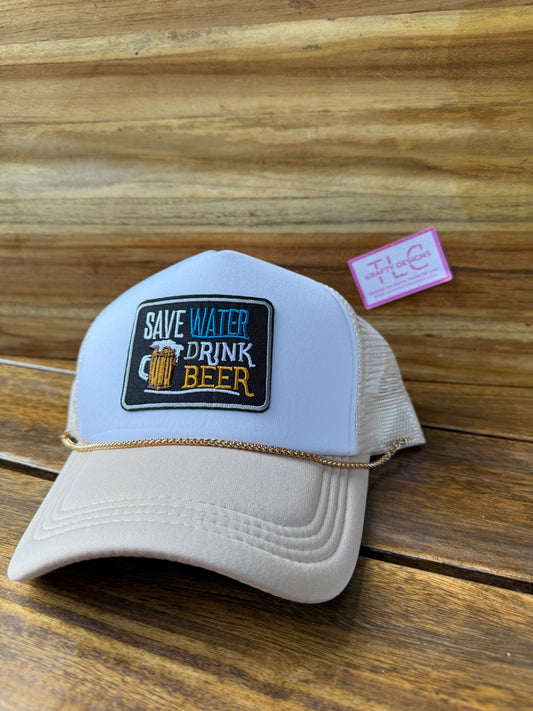 Save Water Drink Beer Trucker Hat – Cream & White with Gold chain Accent