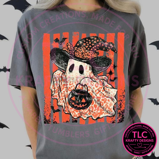 Leopard Ghost Witch Halloween T-Shirt or Sweatshirt – Spooky Pumpkin Bucket Graphic Tee
