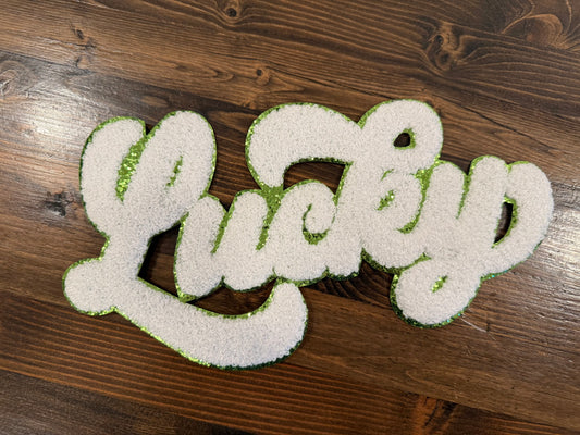 XL Lucky Chenille Patch – St. Patrick’s Day Fuzzy Letter Patch, Green Iron-On Appliqué