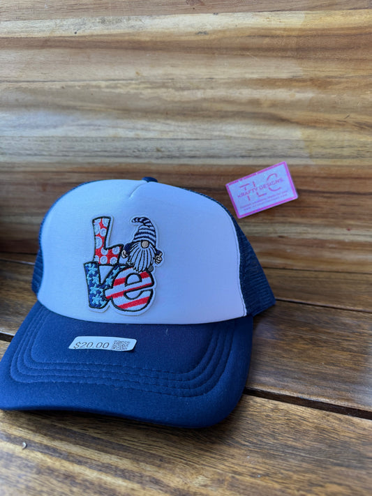Patriotic Gnome LOVE Trucker Hat – Navy Mesh with Red, White & Blue Patch Design
