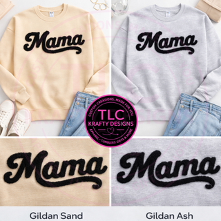 XL MAMA Black Fuzzy Chenille Patch Apparel – Mom Life T-Shirt or Sweatshirt