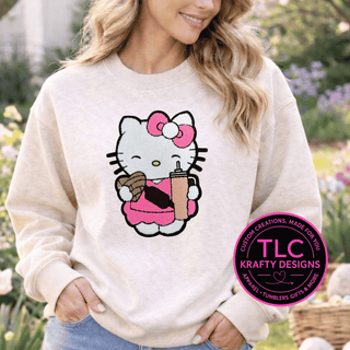 XL Coffee Cat Chenille Patch – Cute Coffee Lover Iron-On Patch for Sweatshirts & Jackets