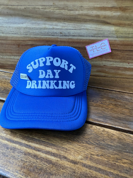 Support Day Drinking Trucker Hat – Royal Blue Mesh with Retro Font