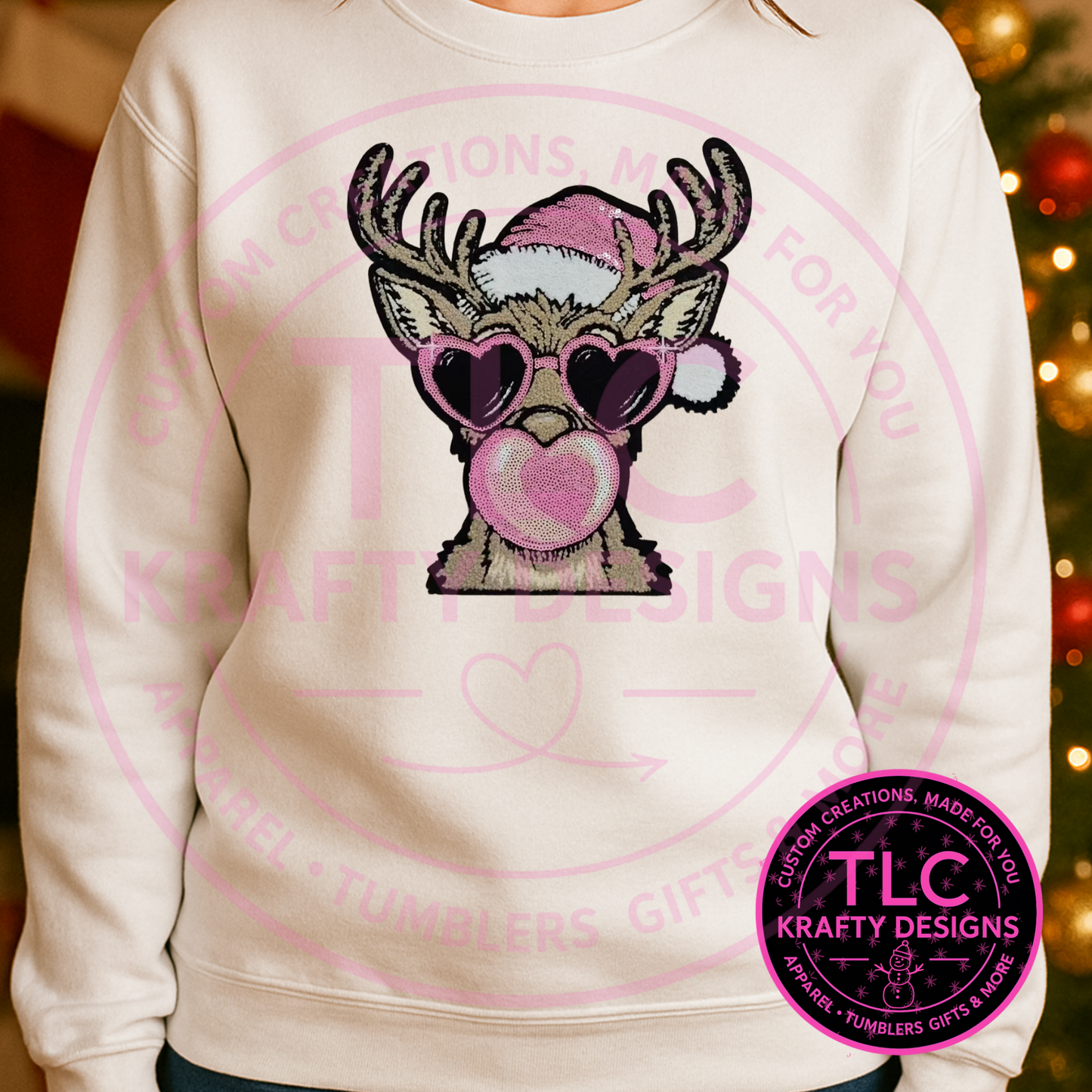 XL Pink Reindeer Chenille Patch – Holiday Deer with Heart Sunglasses & Bubblegum