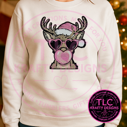 XL Pink Reindeer Chenille Patch – Holiday Deer with Heart Sunglasses & Bubblegum