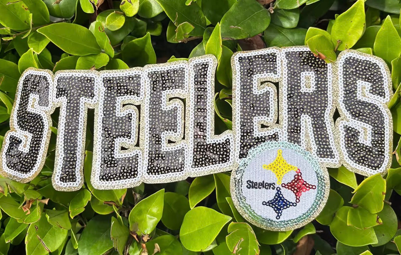 XL Steelers Chenille Patch – Oversized Iron On Football Patch | Black Gold Sequin Patch | Jacket Sweatshirt Appliqué