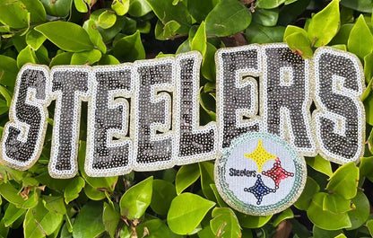 XL Steelers Chenille Patch – Oversized Iron On Football Patch | Black Gold Sequin Patch | Jacket Sweatshirt Appliqué