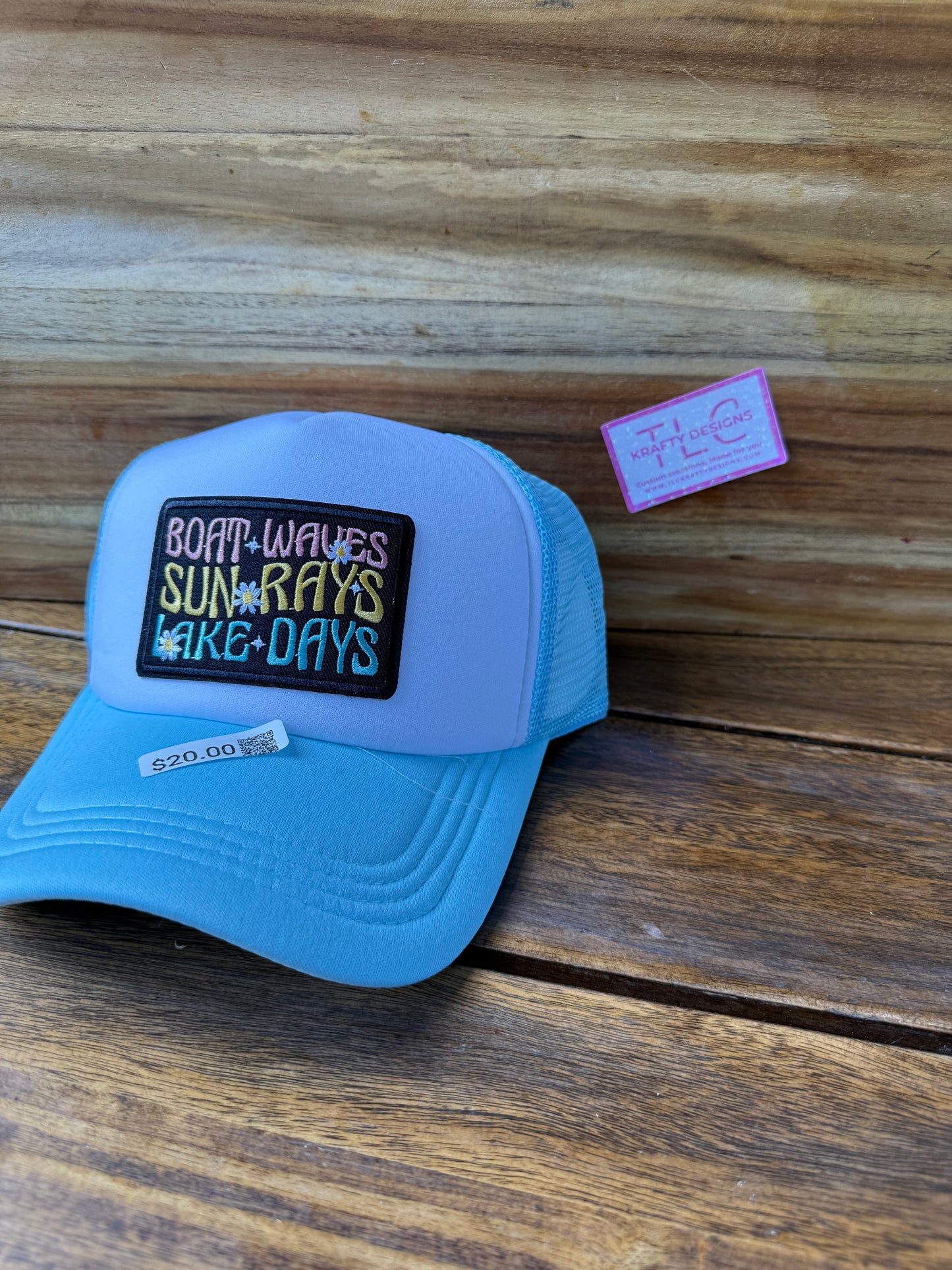 Boat Waves Sun Rays Lake Days Trucker Hat – Bright Blue with Daisy Patch Design