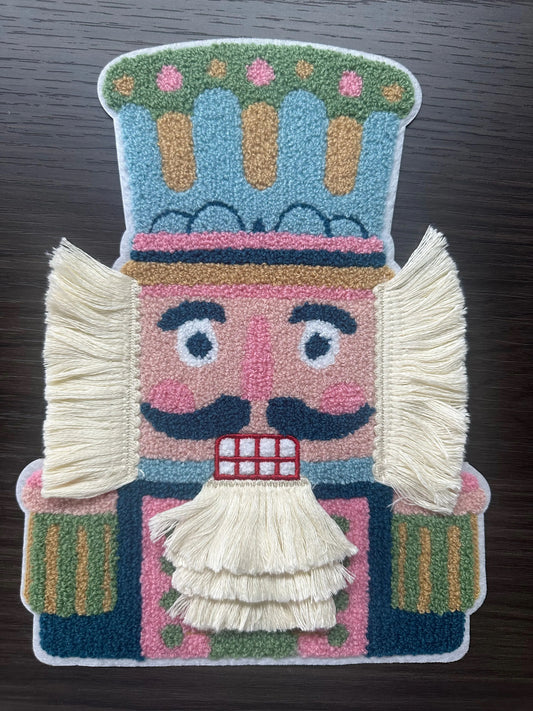XL Nutcracker Chenille Patch – Pastel Christmas Appliqué with 3D Fringe Beard & Shoulders