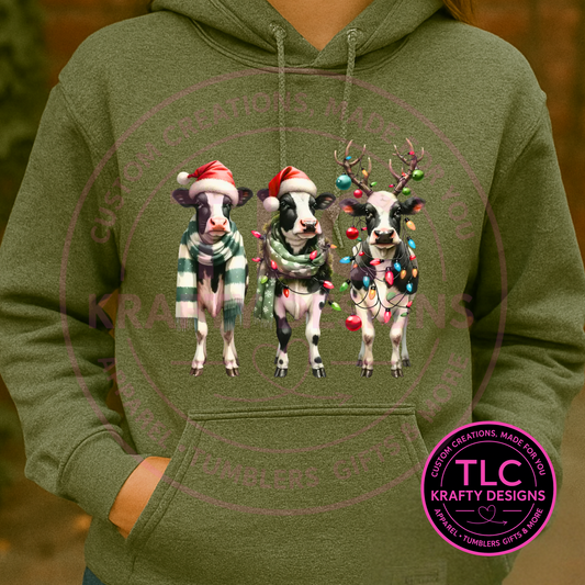 Christmas Cows Hoodie – Festive Holiday Sweatshirt with Santa Hats & Lights
