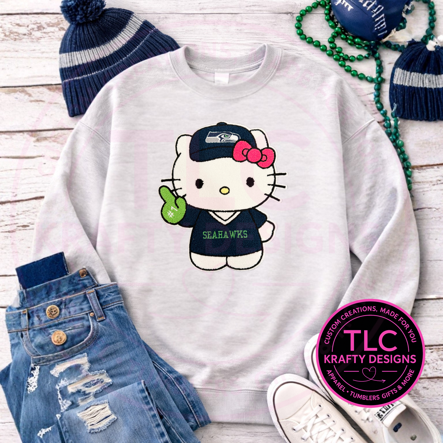 XL Seattle Football Chenille Kitty Character Patch Sweatshirt