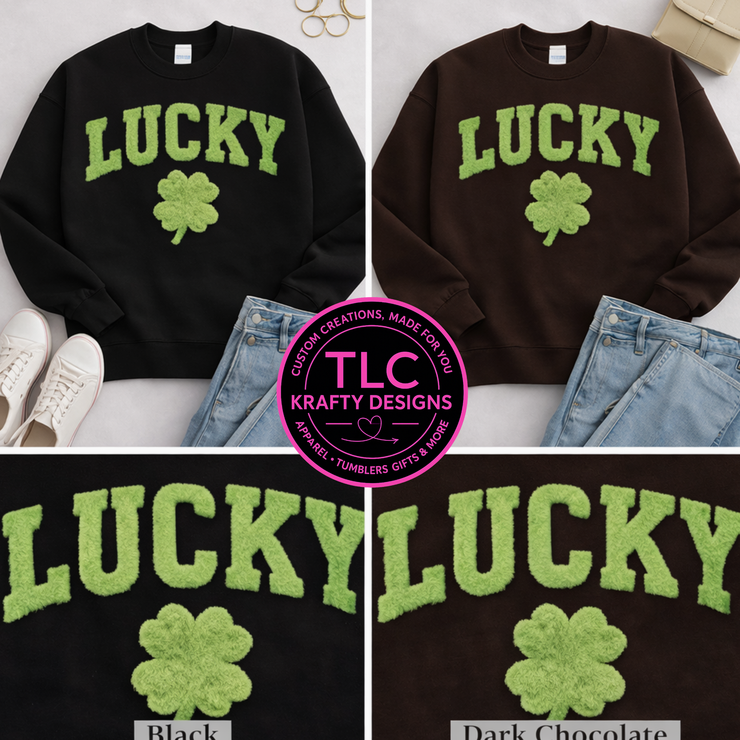Lucky Clover Fuzzy Chenille Patch Shirt or Sweatshirt – St. Patrick’s Day Apparel CK