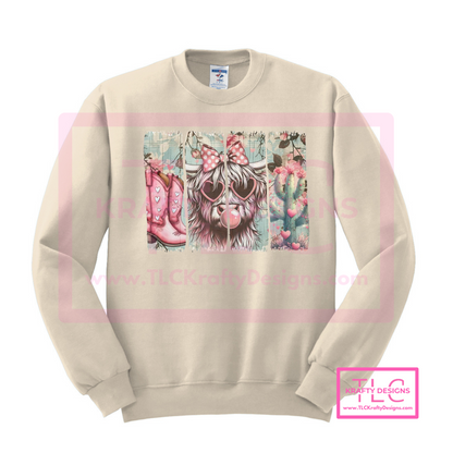 Cowgirl Chic Sweatshirt – Western Boots, Highland Cow, and Floral Design