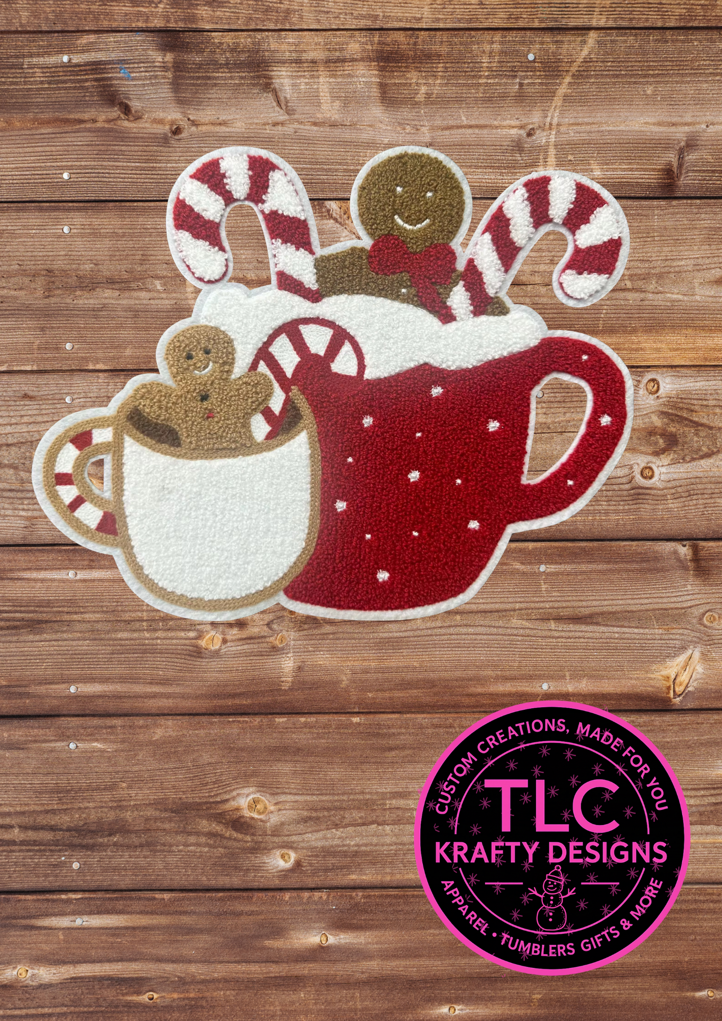 XL Gingerbread & Candy Cane Chenille Patch – Holiday Hot Cocoa Christmas Appliqué preorder