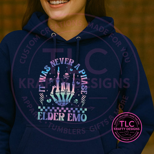 Elder Emo Sweatshirt – It Was Never a Phase Pullover, Funny Nostalgic Emo Music Lover Gift, Unisex Hoodie