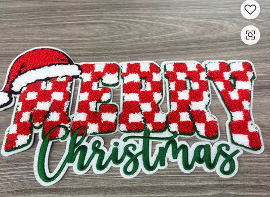 Merry Christmas Extra Large Patch – Red Buffalo Plaid with Santa Hat & Green Script (Iron-On, 10”)