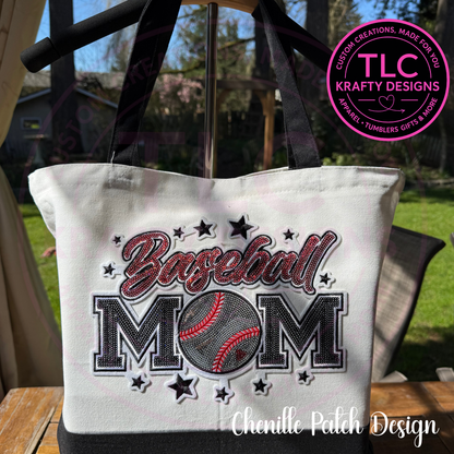 Baseball Mom Chenille and Sequin Patch Canvas Tote Bag
