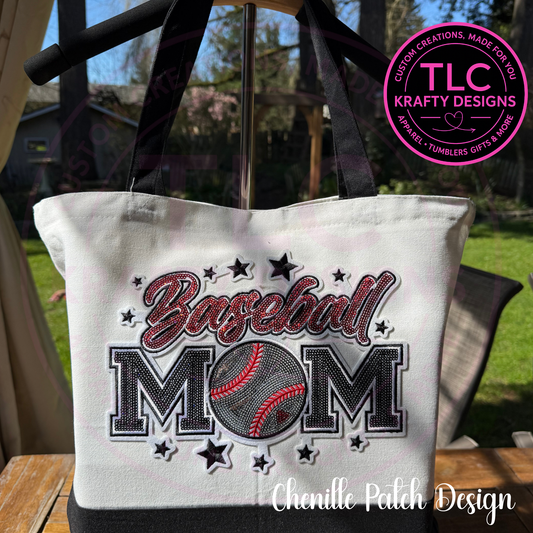 Baseball Mom Chenille and Sequin Patch Canvas Tote Bag