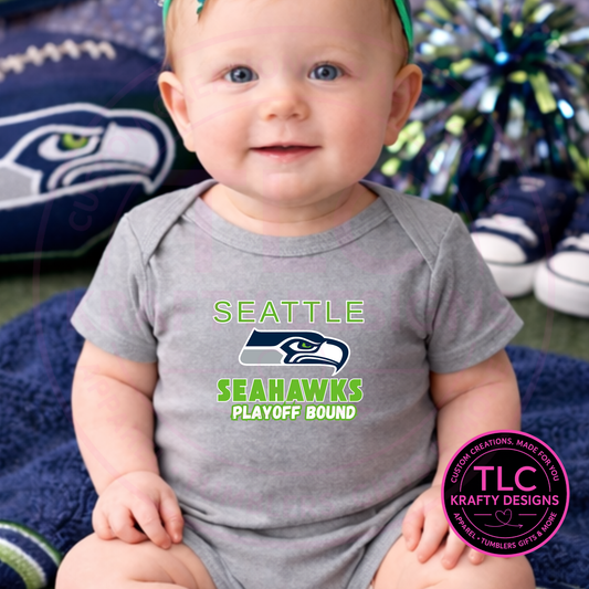 Playoff Bound Large Logo Seattle Football Onesie Green Writing - Football Game Day Onesie CK