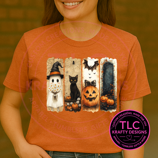Spooky Season Halloween Shirt – Ghost, Pumpkin Black Cat, & Tombstone Fall Shirt