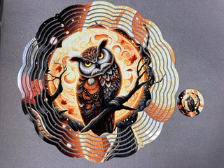 Moonlit Owl Wind Spinner, Owl Lover Garden Decor, Celestial Owl Wind Spinner, Autumn Owl Yard Art, Woodland Owl Gift, 10 Inch Double Spinner