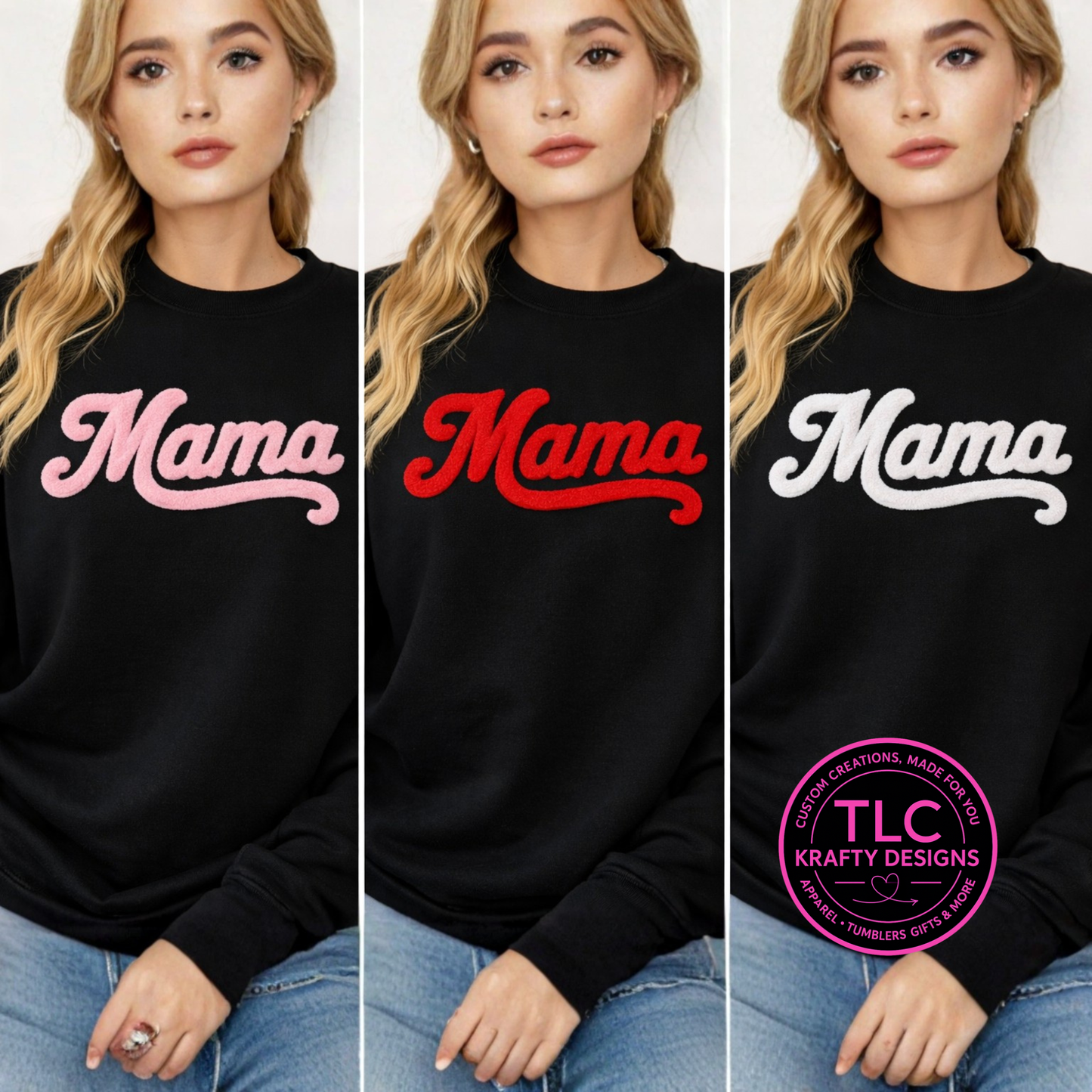 XL MAMA Red Fuzzy Chenille Patch Apparel – Mom Life T-Shirt or Sweatshirt