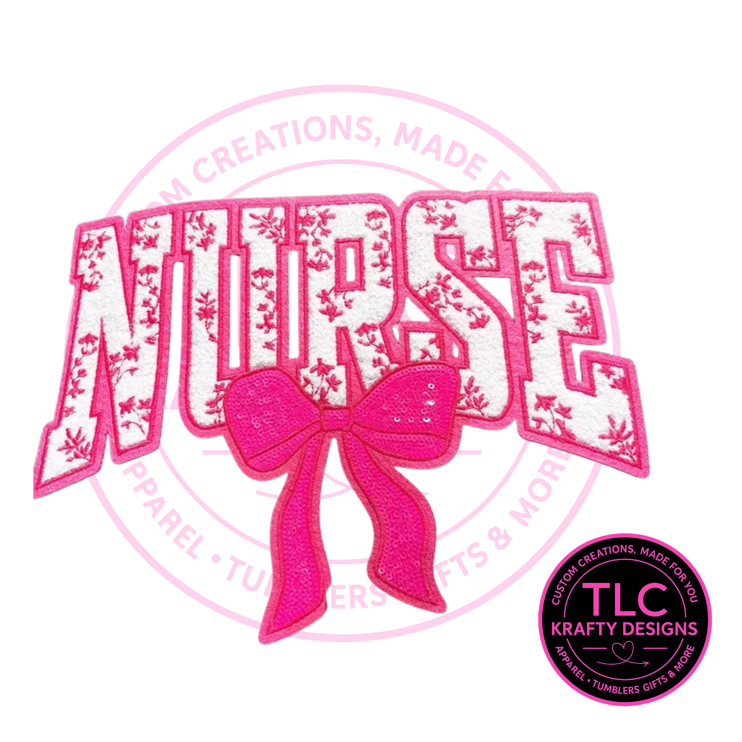 XL Nurse Chenille Patch With Sequin Bow Hot Pink – Healthcare Iron-On / Sew-On Appliqué CK