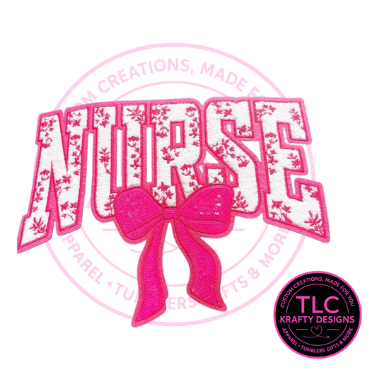 XL Nurse Chenille Patch With Sequin Bow Hot Pink – Healthcare Iron-On / Sew-On Appliqué CK