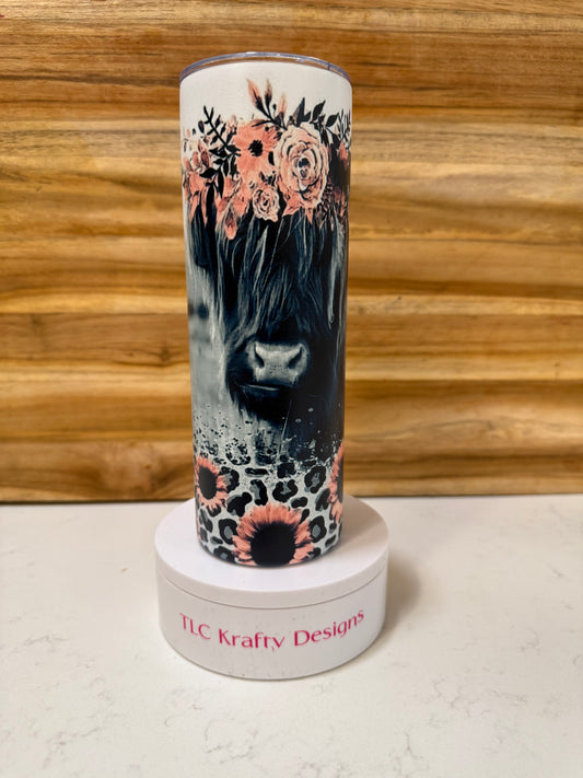 Highland Cow Tumbler with Floral Crown & Sunflowers – Custom Animal Print Drinkware