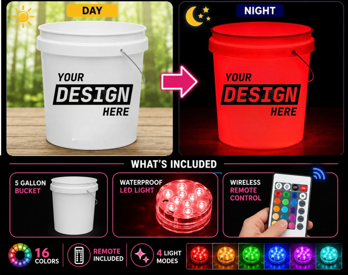 Personalized White LED Bucket with Lid | Custom UVT Design + Seat Lid Upgrade (Camping, Fishing, Gifts)