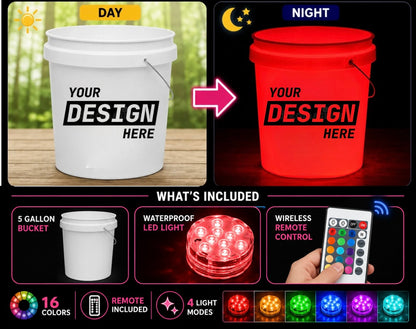 Personalized White LED Bucket with Lid | Custom UVT Design + Seat Lid Upgrade (Camping, Fishing, Gifts)