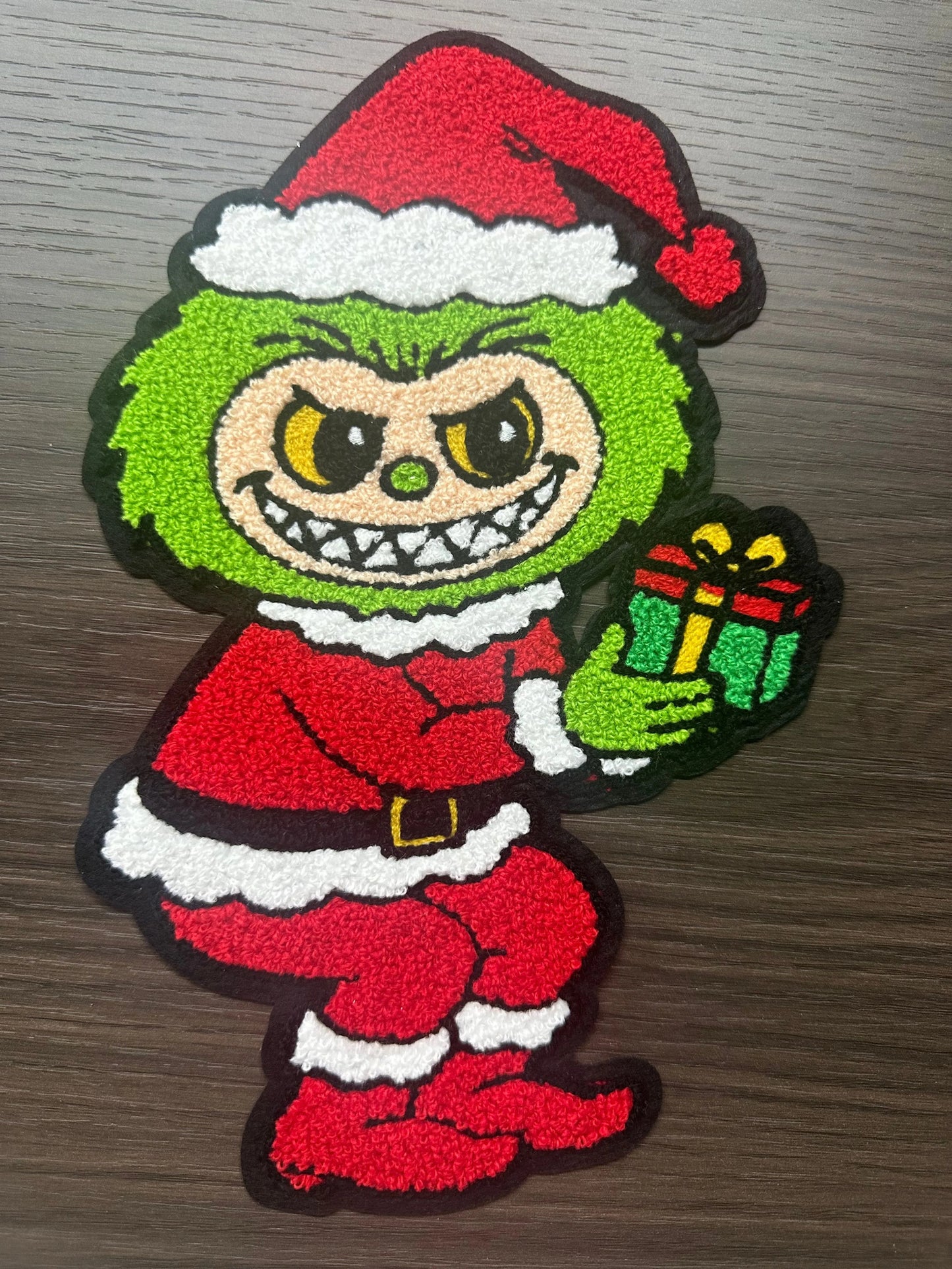 XL green man-Inspired Santa Chenille Patch – Naughty Christmas Character with Gift Appliqué preorder