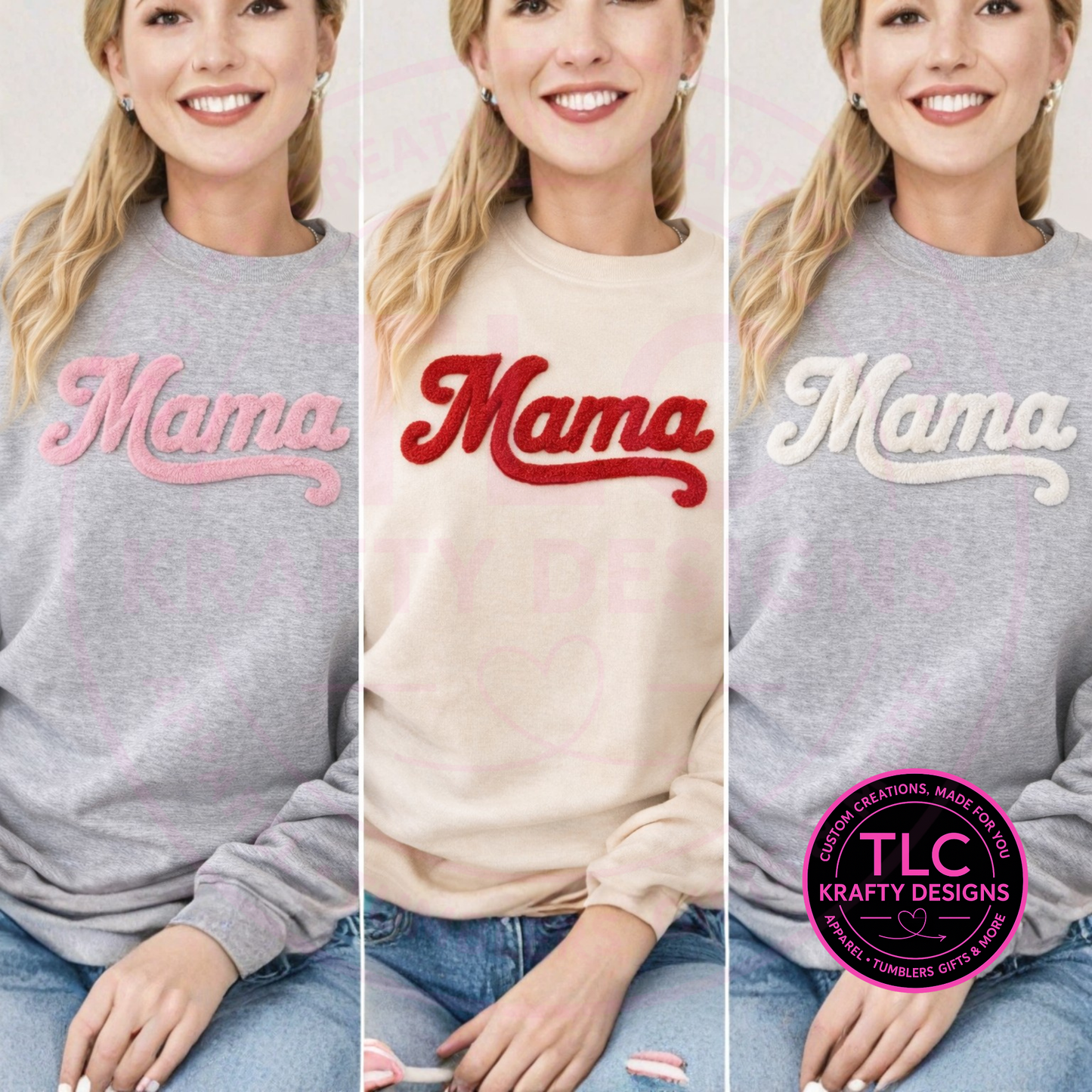 XL MAMA Red Fuzzy Chenille Patch Apparel – Mom Life T-Shirt or Sweatshirt
