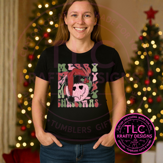 Merry Christmas Retro Smiley Face T-Shirt - Festive Christmas Long or Short Sleeve Tee CK