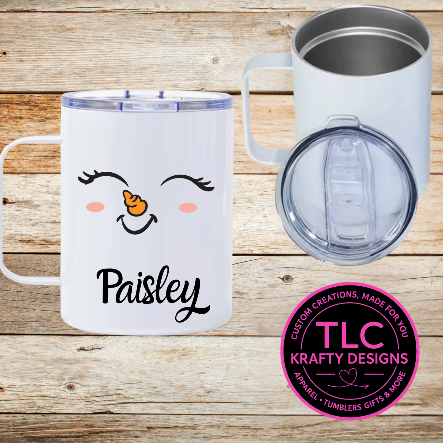 Personalized Snowman Face with Eyelashes Mug - 12oz Travel Mug With Lid CK