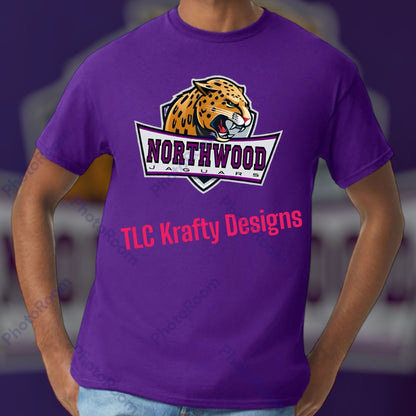 A person wearing a purple Northwood Jaguars t-shirt with the school's logo and the text 'TL CRAFTY DESIGNS' on the front.