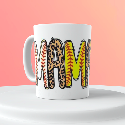 MAMA leopard Print softball baseball customized 15oz. Coffee Mug Cup