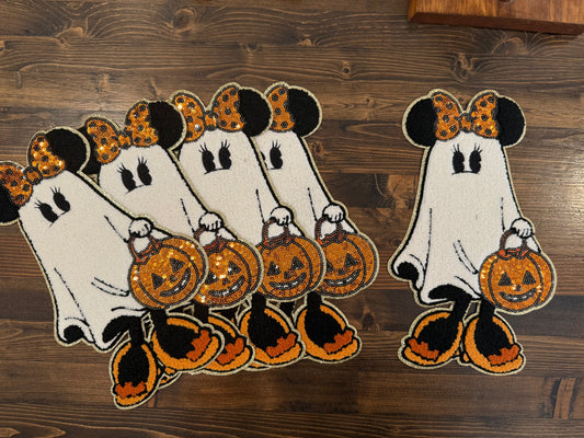 Halloween Ghost Girl Extra Large Patch – Iron-On with Sequin Pumpkin & Bow (Approx. 10”)