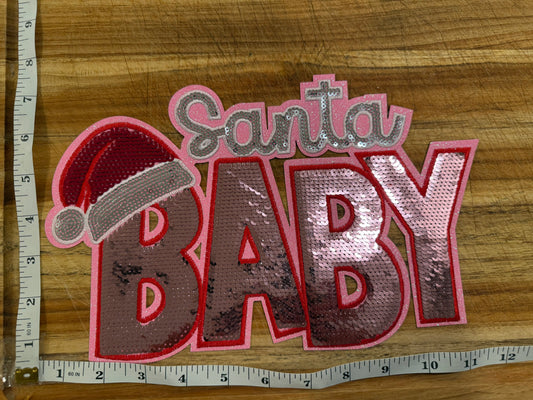 Santa Baby Sequin Patch – Pink & Red Christmas Chenille Patch with Santa Hat, Holiday DIY Iron-On or Sew-On