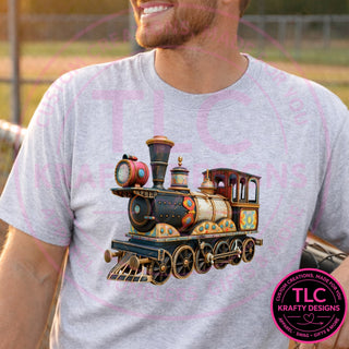 Steampunk train design — ornate vintage locomotive with brass and jewel details on a grey tee