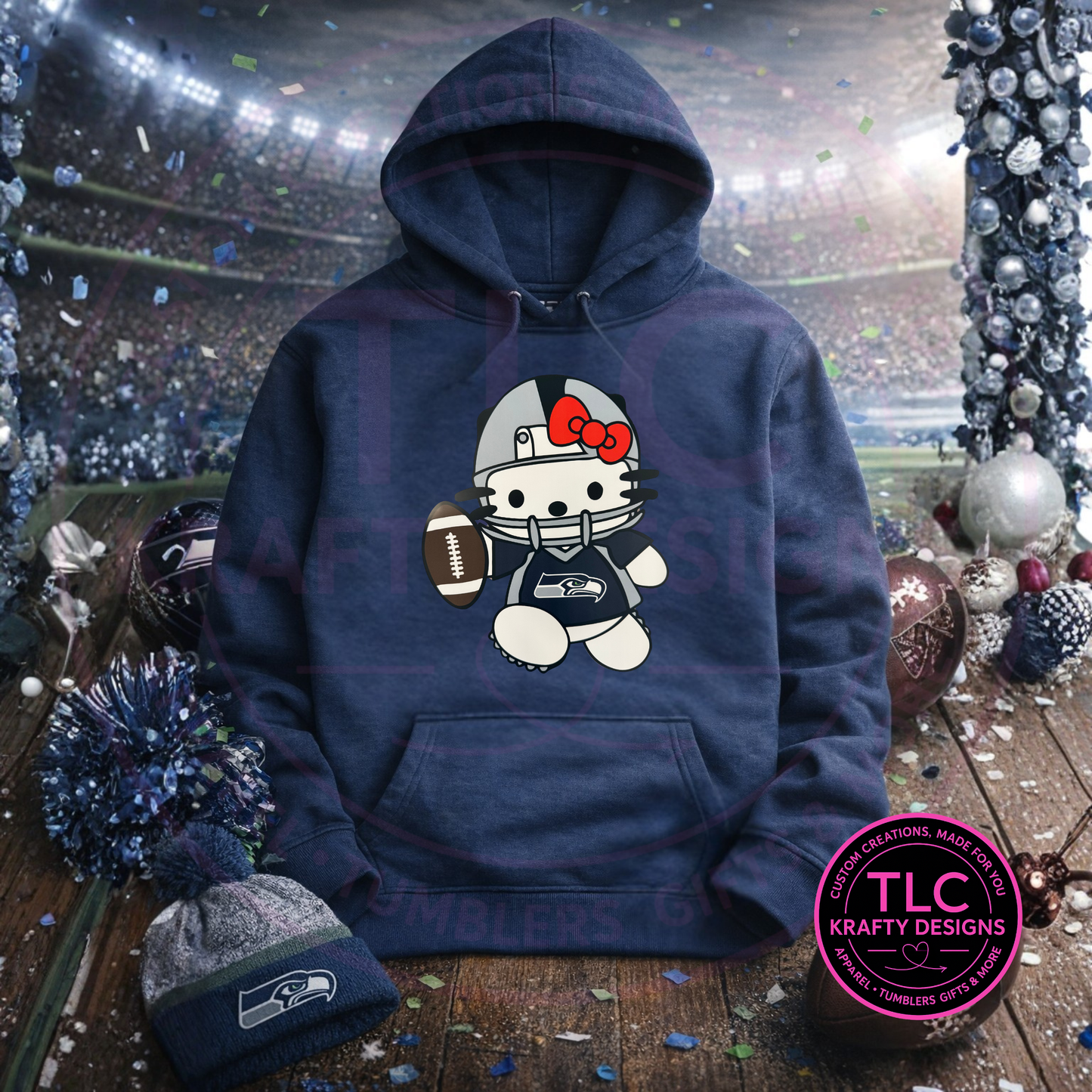 Navy blue hoodie with cartoon character design on a sports-themed background