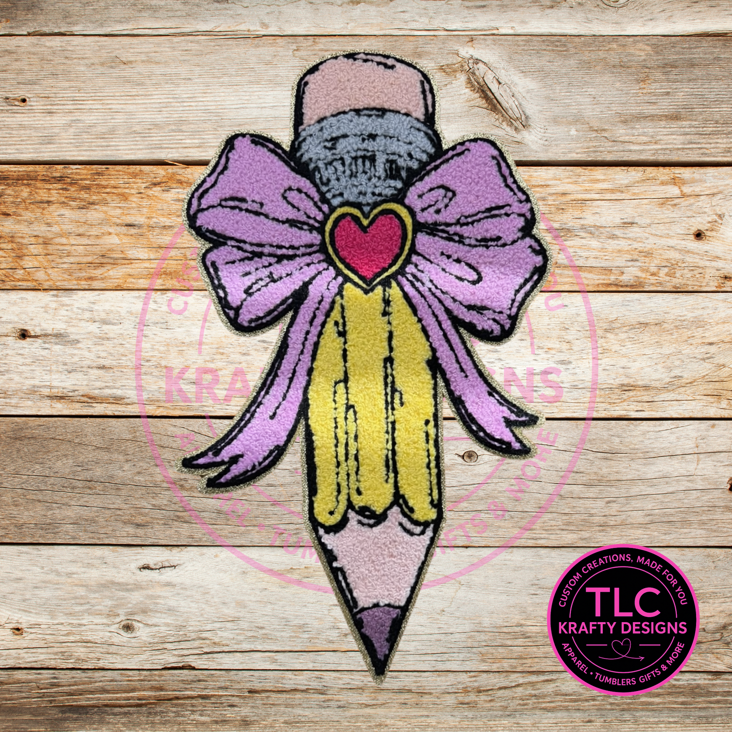 Pink Bow Pencil Chenille Patch Shirt or Sweatshirt – Teacher and School Apparel