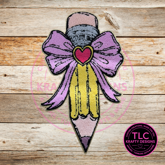 Pink Bow Pencil Chenille Patch – Teacher and School Iron-On / Sew-On Appliqué