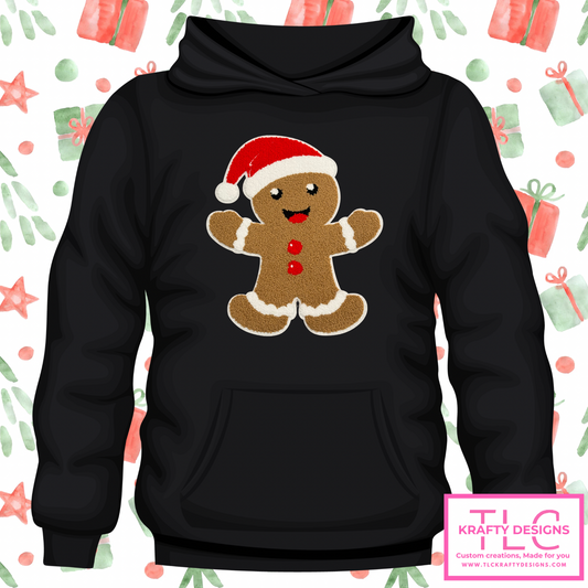 🎄 Gingerbread Man Holiday Hoodie – Chenille Patch with Santa Hat (S–4XL)