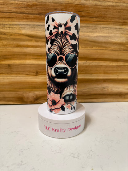 Highland Cow Tumbler with Floral Bow & Sunglasses