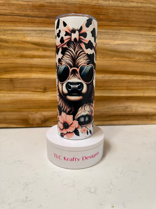 Highland Cow Tumbler with Floral Bow & Sunglasses