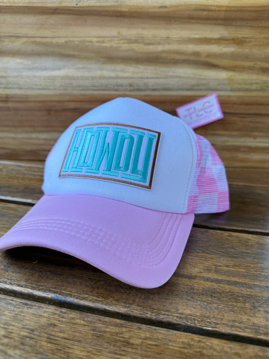 Pink HOWDY Trucker Hat – Teal & Western Vibes on a Fun Checkered Mesh