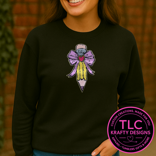 Pink Bow Pencil Chenille Patch Shirt or Sweatshirt – Teacher and School Apparel